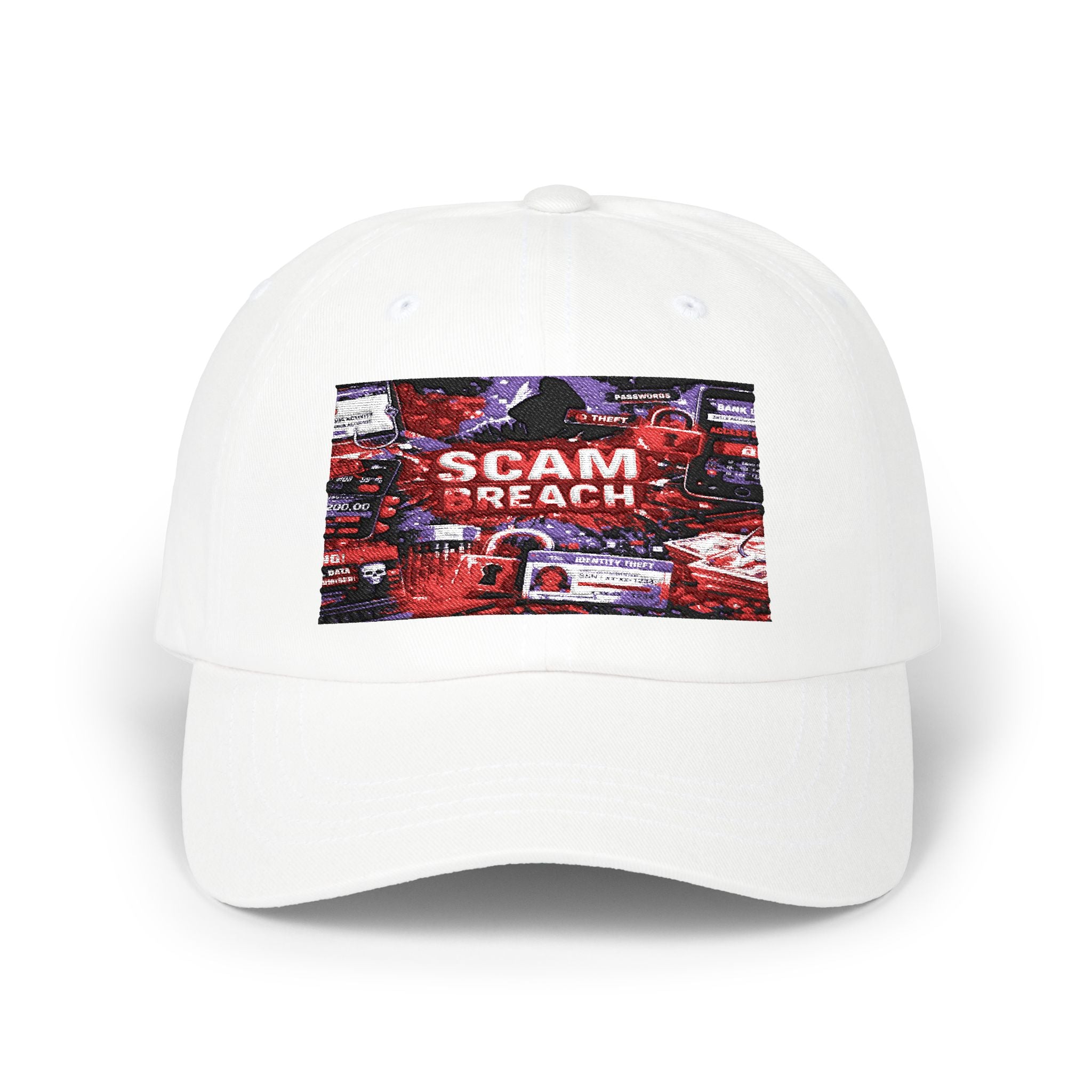 Dad Cap with 'SCAM BREACH' Retro Distressed Graphic
