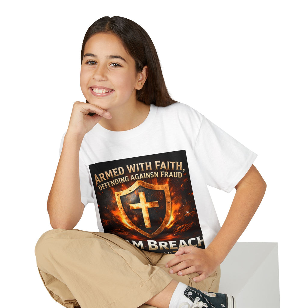 Youth T-Shirt — "Armed With Faith, Defending Against Fraud" Shield Design (Ephesians 6:11)