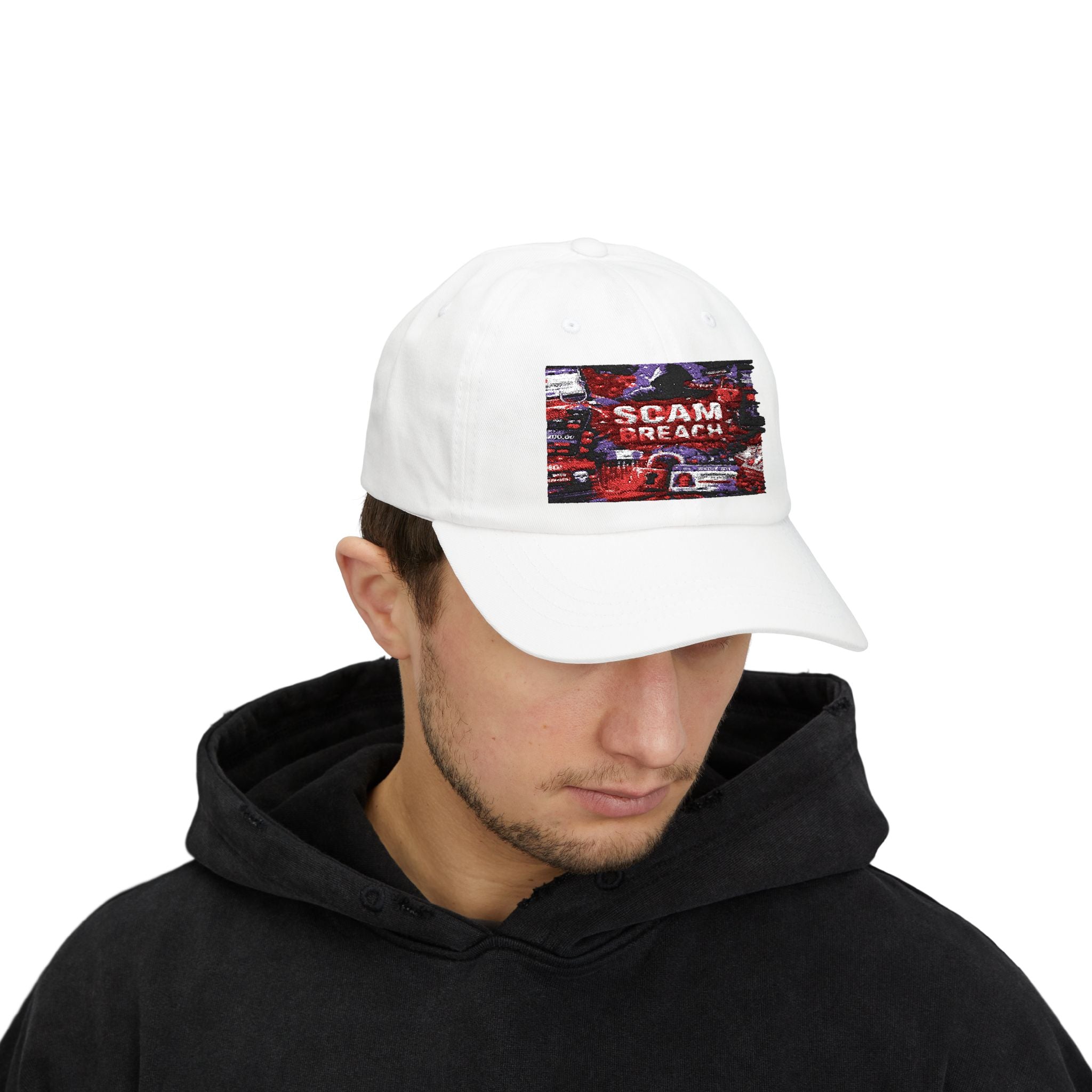 Dad Cap with 'SCAM BREACH' Retro Distressed Graphic
