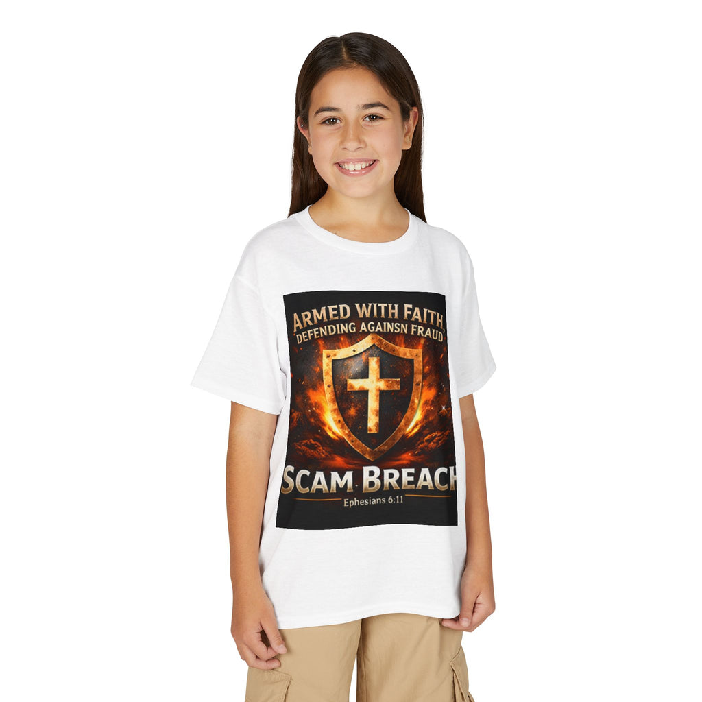 Youth T-Shirt — "Armed With Faith, Defending Against Fraud" Shield Design (Ephesians 6:11)