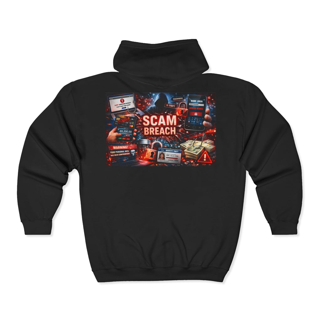 Scam Breach Graphic Zip-Up Hoodie — Cybersecurity Awareness Hooded Sweatshirt