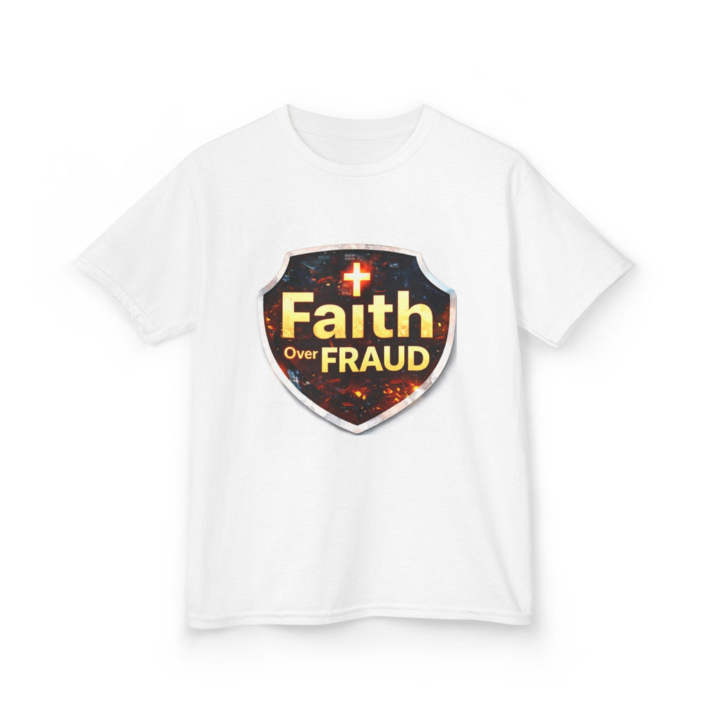 Kids Tee — "Faith Over Fraud" Shield Christian Graphic Shirt