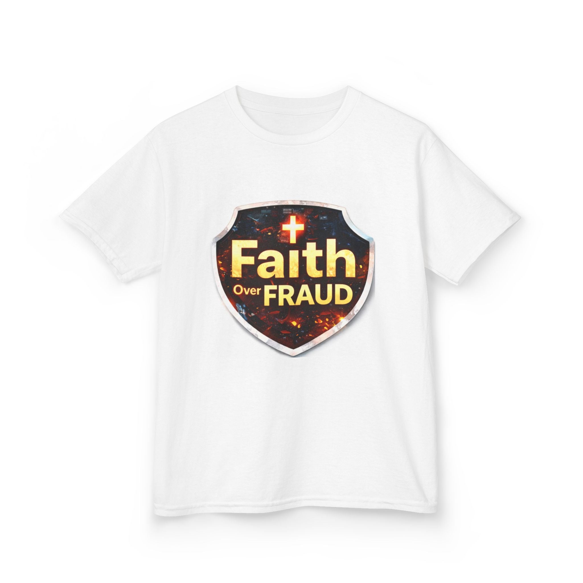 Kids Tee — "Faith Over Fraud" Shield Christian Graphic Shirt