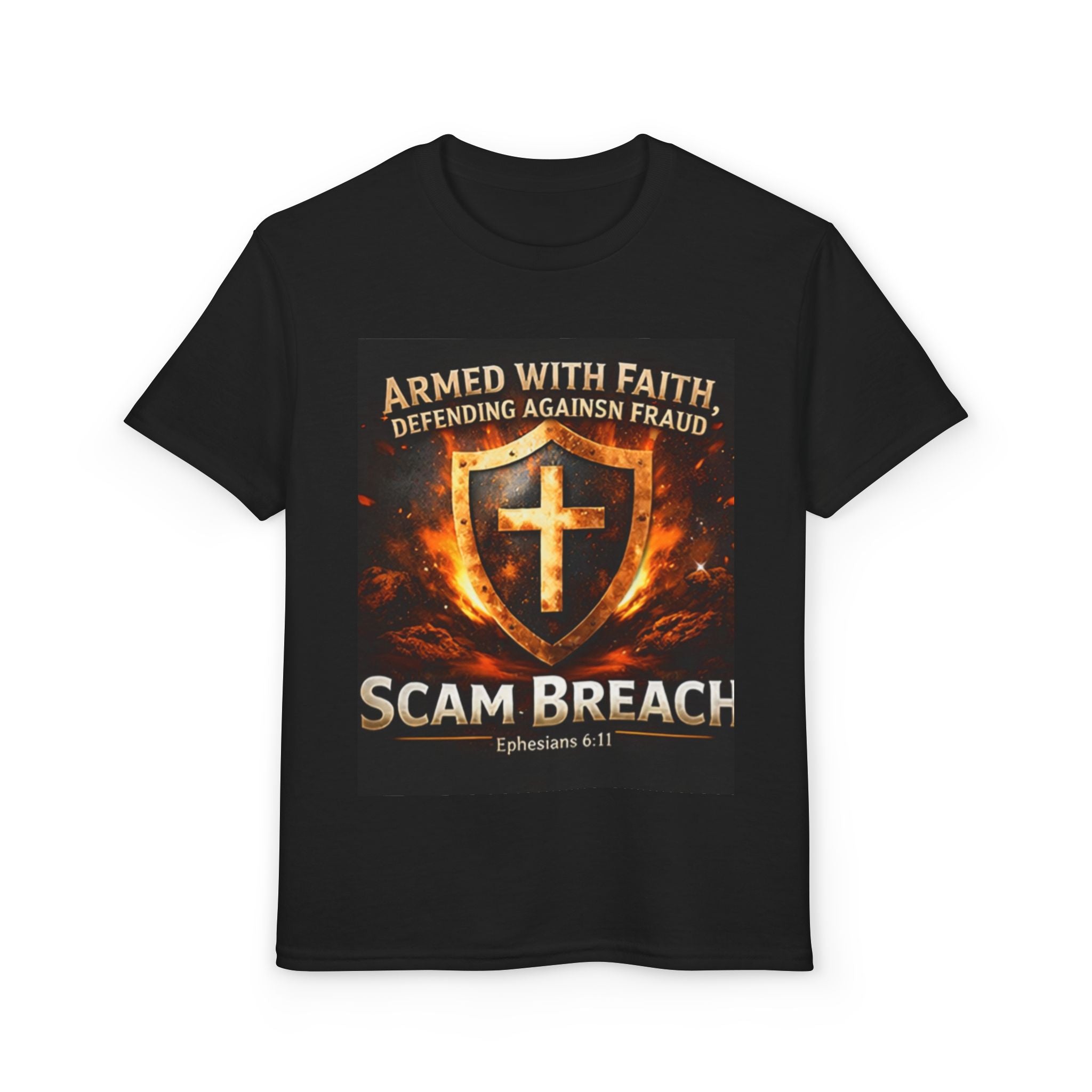 Youth T-Shirt — "Armed With Faith, Defending Against Fraud" Shield Design (Ephesians 6:11)