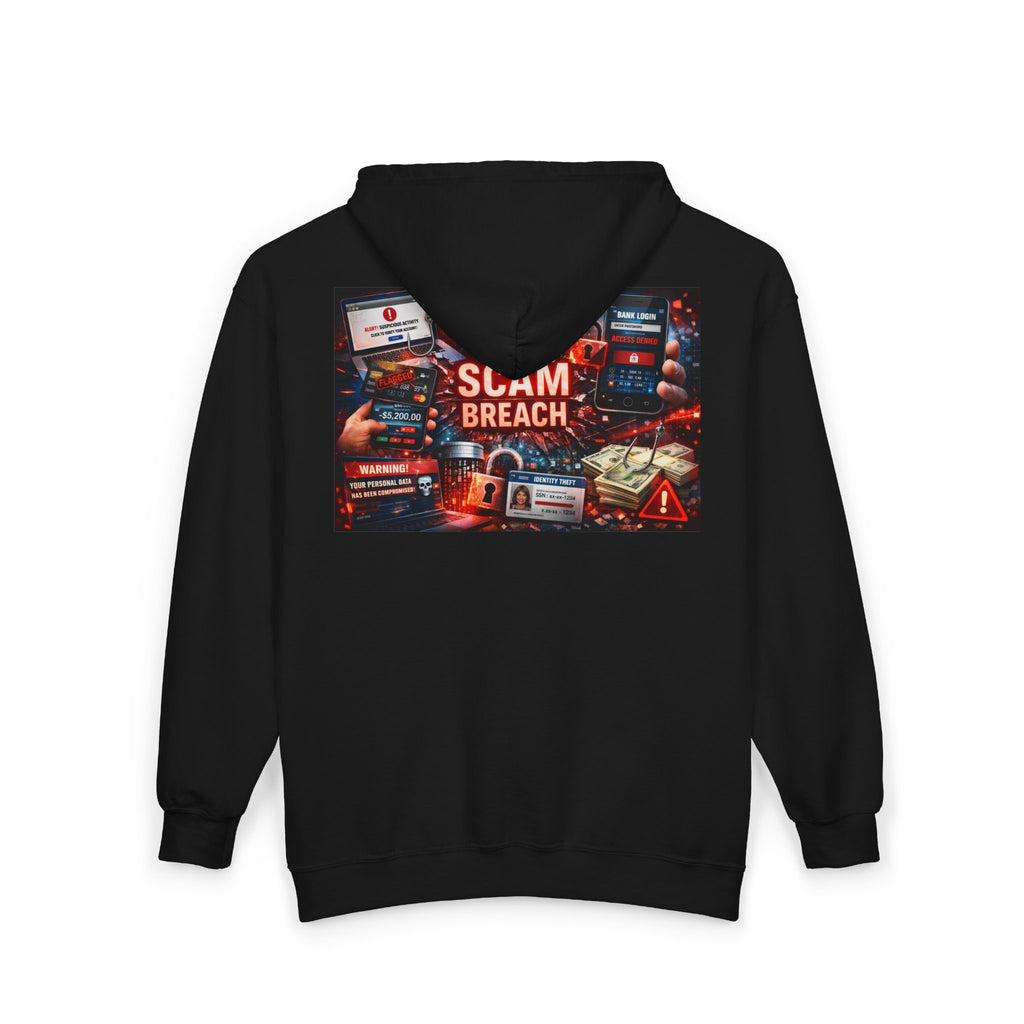 Scam Breach Graphic Zip-Up Hoodie — Cybersecurity Awareness Hooded Sweatshirt