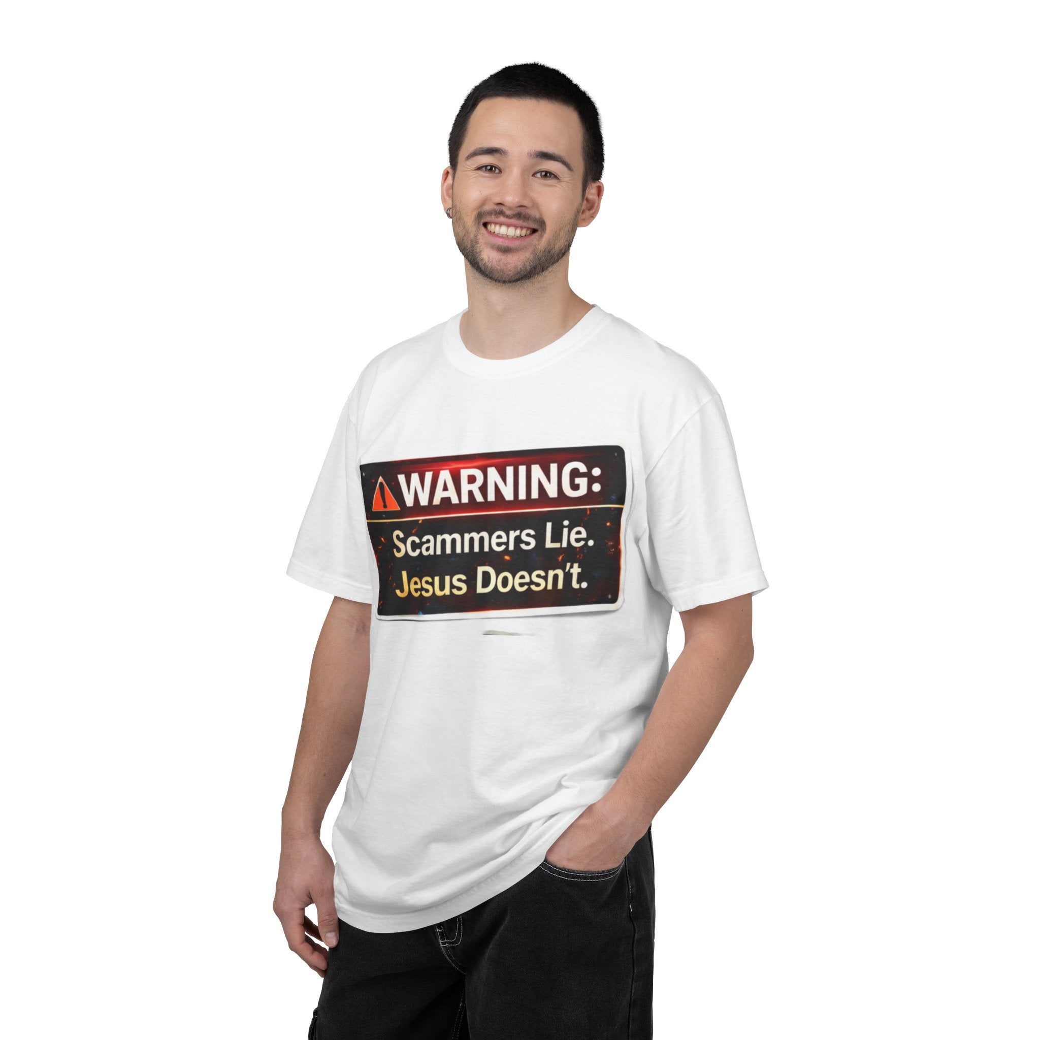 Christian Warning T-Shirt — "WARNING: Scammers Lie. Jesus Doesn't." Graphic Tee