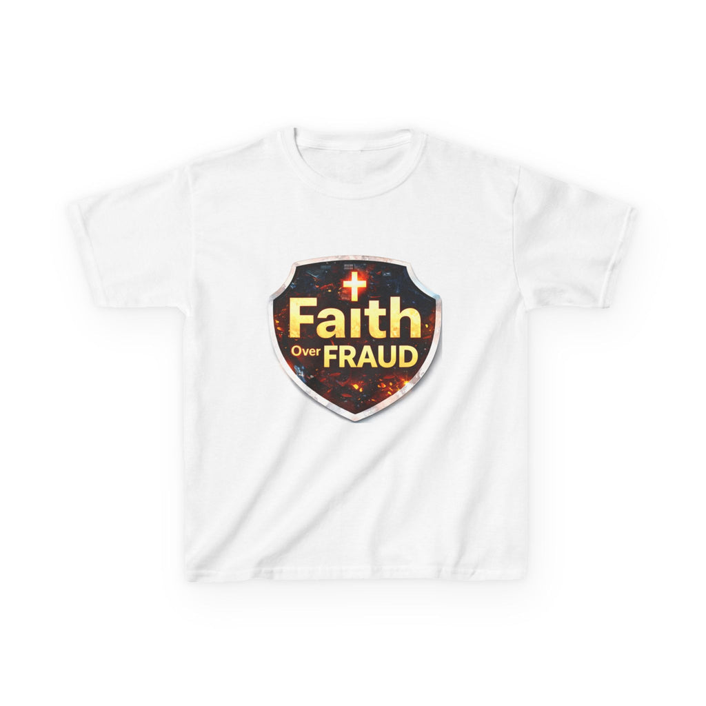 Kids Tee — "Faith Over Fraud" Shield Christian Graphic Shirt