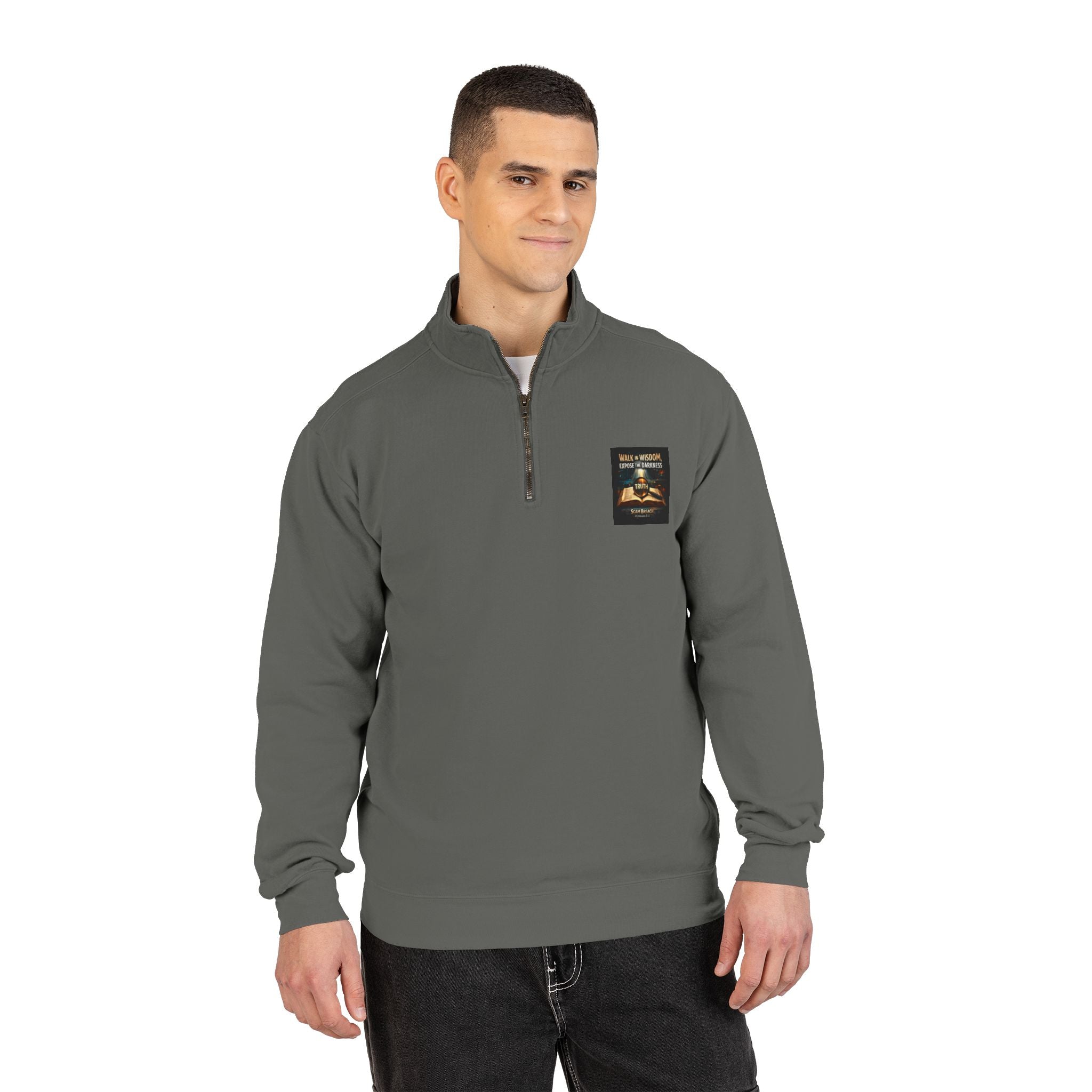 Cozy Moonlit Cabin Quarter-Zip Sweatshirt — 'Find Peace in the Silence' Chest Patch