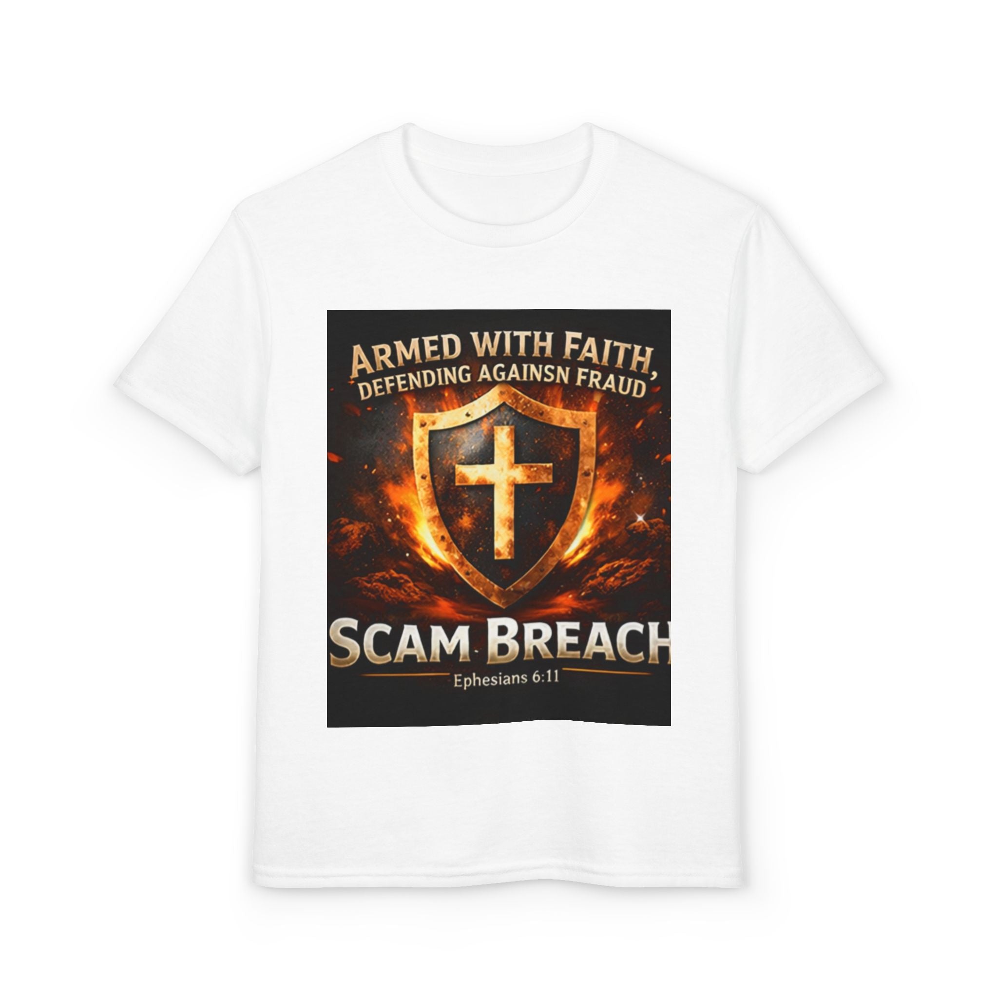 Youth T-Shirt — "Armed With Faith, Defending Against Fraud" Shield Design (Ephesians 6:11)