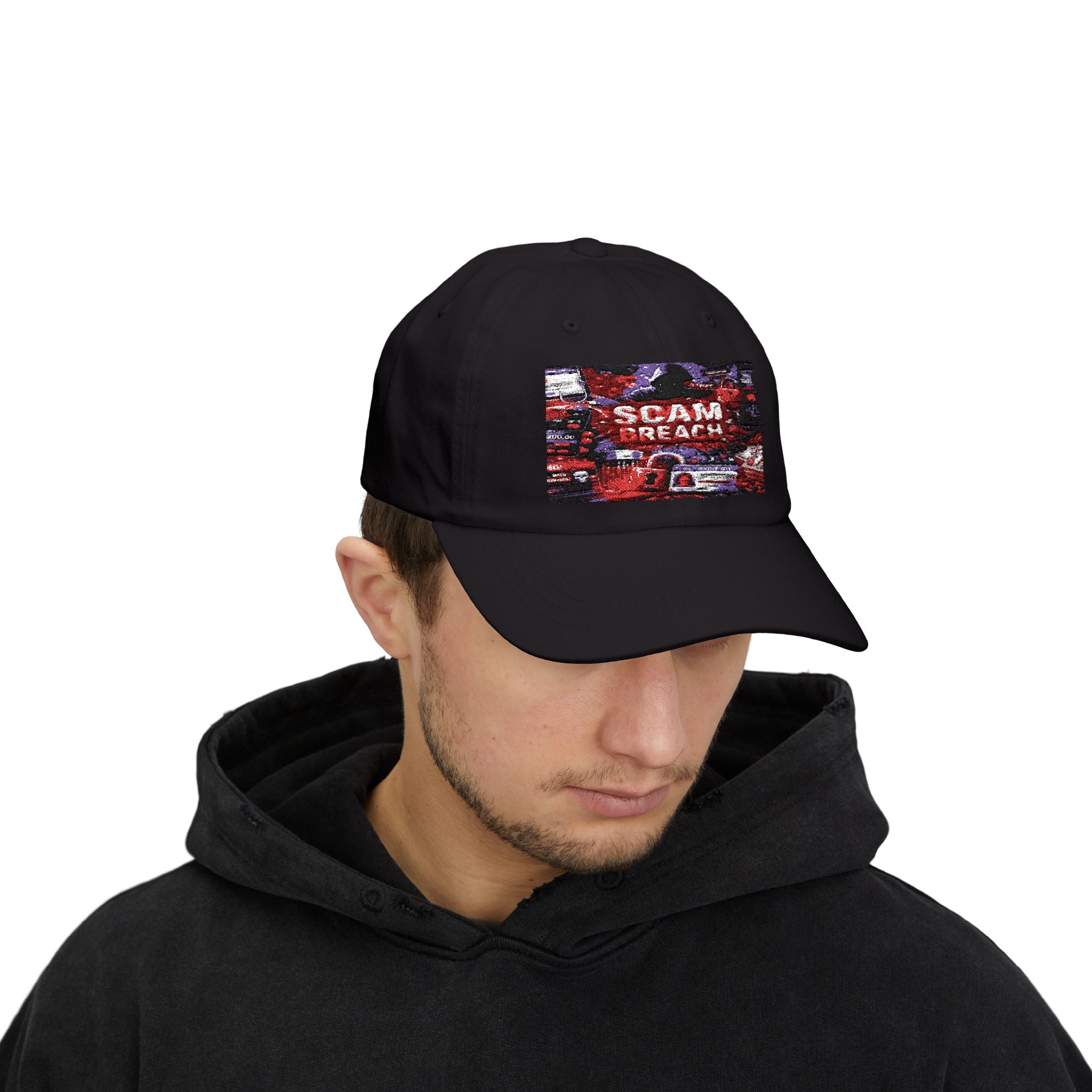 Dad Cap with 'SCAM BREACH' Retro Distressed Graphic