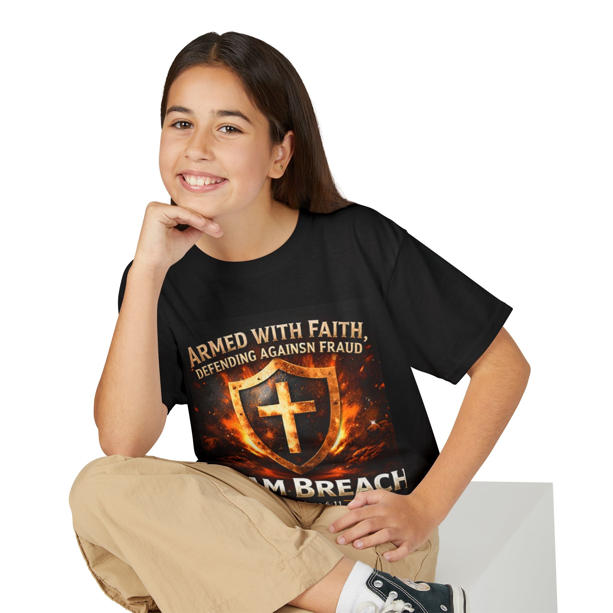 Youth T-Shirt — "Armed With Faith, Defending Against Fraud" Shield Design (Ephesians 6:11)