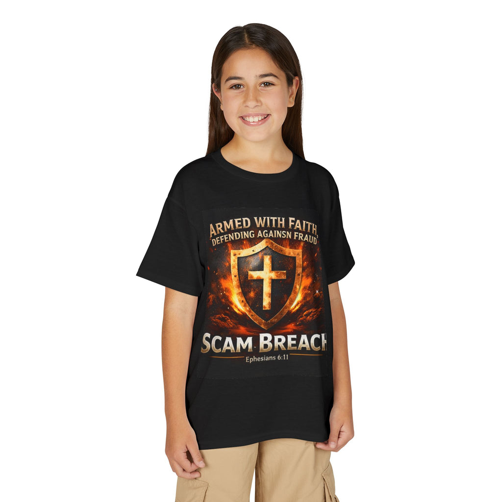Youth T-Shirt — "Armed With Faith, Defending Against Fraud" Shield Design (Ephesians 6:11)